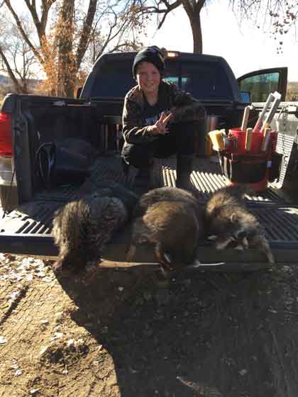 Remington with three coons on his first day trapping in New Mexico 2017.